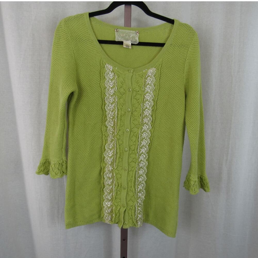 Nick & Mo Green Open Knit Button Front Cardigan Lace Ruffles Medium Coquette